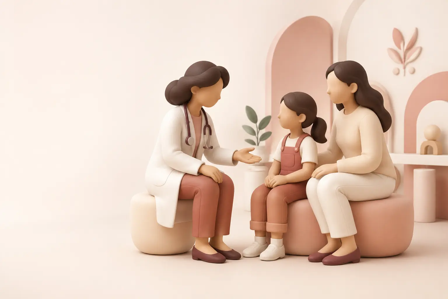 Warm 3D illustration of a paediatrician speaking with a parent and child